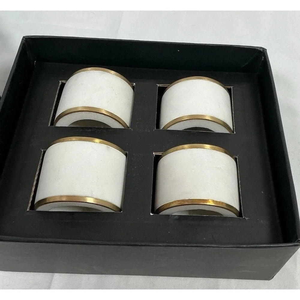 Marble Napkin Holder Rings White  w/ Gold Trim -‎ Set of 4